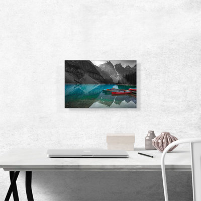 Kayaks Boat In Blue Lake - Wrapped Canvas Photograph