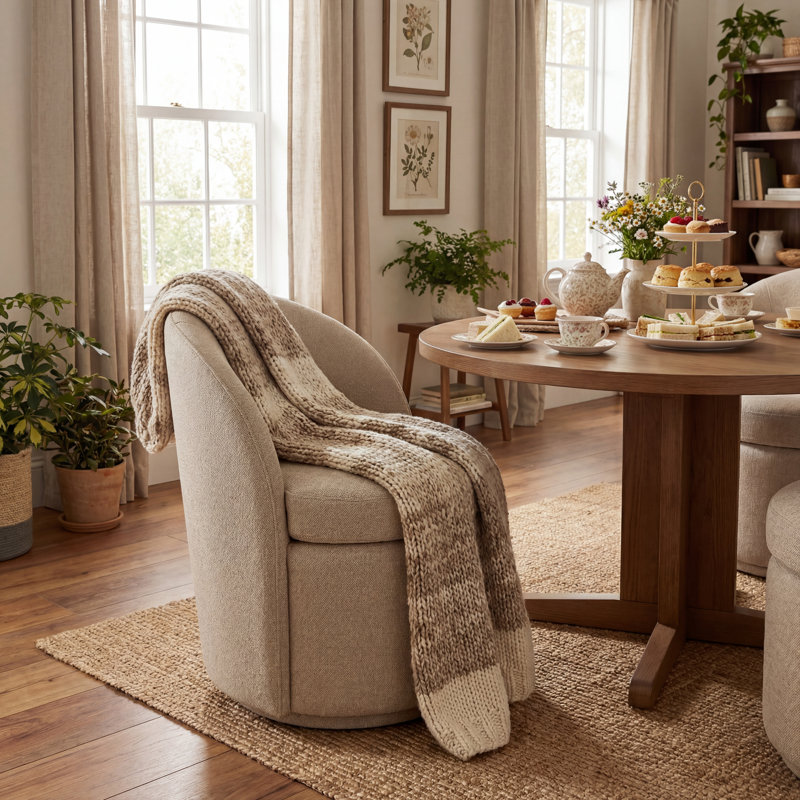 Upholstered Swivel Dining Chair, Boucle Fabric Barrel Kitchen Chair, Wingback Side Chair, Vanity Chair, Brown