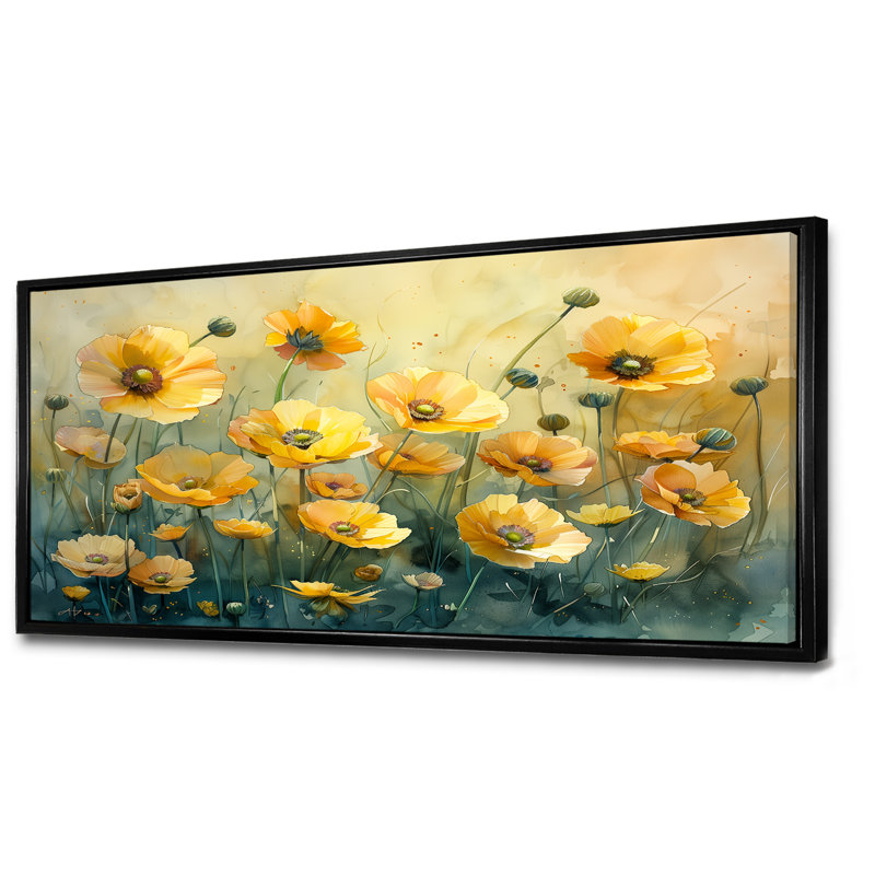 Décoration murale jaune avec bouton d'or jaune et brise de fleur III - Buttercups, Toile avec cadre flottant noir