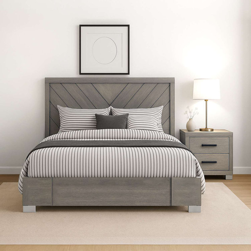 Ensemble de chambre avec grand lit 2 pièces en chêne gris contemporain avec tête de lit à chevrons et table de chevet
