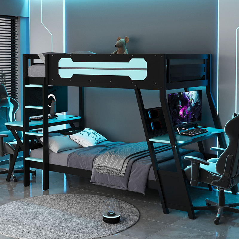 Lit superposé avec deux bureaux de jeu intégrés, Bleu, Lit simple