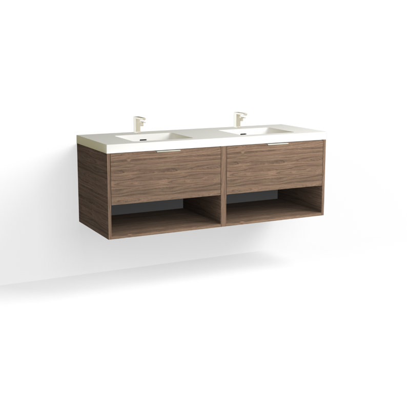 Modo 60" W Wall Mounted Double Bathroom Vanity, Glossy White/Single, Satin Nickel, White Acrylic