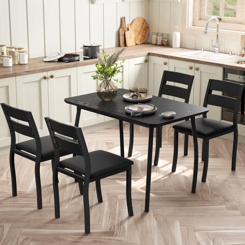 Ensemble de salle à manger 5 pièces pour 4 personnes, table de cuisine carrée avec 4 chaises rembourrées, structure en métal/fer, ensemble moderne gain de place pour petits espaces - Noir