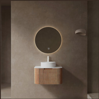Meuble-lavabo de salle de bain 24 po avec lavabo, meuble de rangement mural rayé à bords arrondis avec tiroir, lavabo rond en céramique blanc sans robinet, pré-assemblé, couleur grain de bois Natura