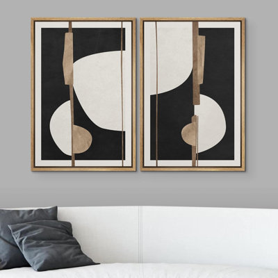 «Black & White Leaf Silhouette And Lines», 2 pièces sur toile