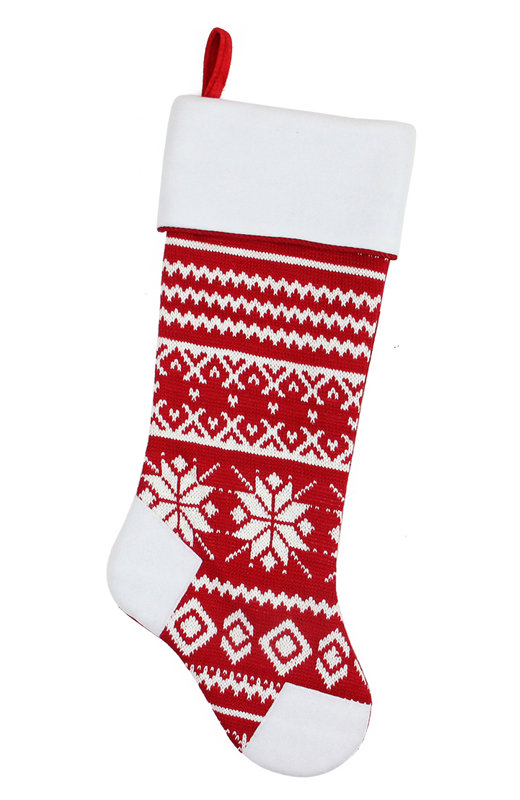 Chaussette de Noël 21,5 po tricotée en flocons de neige avec poignet polaire rouge et blanc