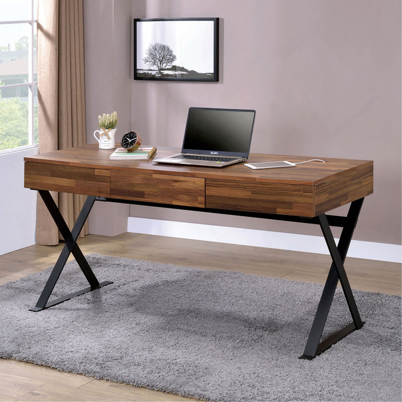 Bureau d'ordinateur avec trois tiroirs de rangement USB et prise de courant, pieds en X