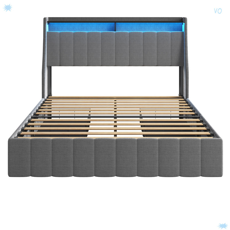 Cadre de lit avec DEL, 4 tiroirs de rangement portables sous le lit, Gris clair, Lit double