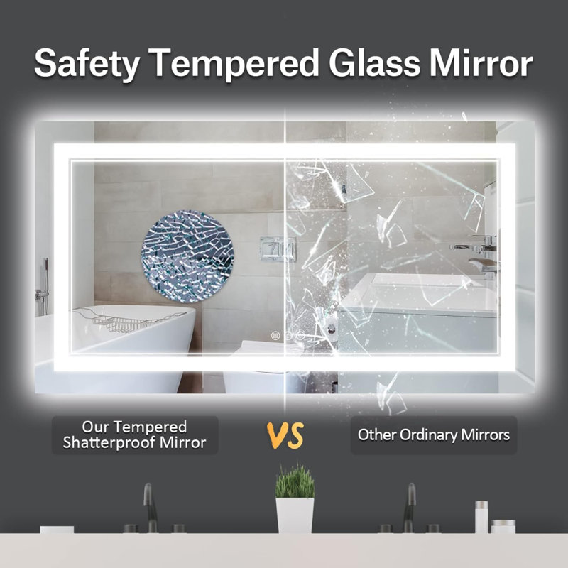 Miroir de salle de bain 60 po x 28 po à DEL avec lumières, miroirs de salle de bain rétro-éclairés et éclairés à l'avant pour le mur, anti-buée / à intensité variable / à mémoire / incassable / homologué ETL