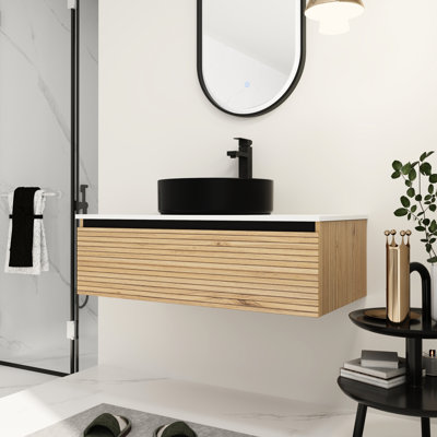 Meuble-lavabo de 91 cm (36 po) avec lavabo en céramique noire et tiroir à fermeture douce, design moderne et élégant, couleur principale café, meuble-lavabo en contreplaqué, glissières de tiroir à extension 2/3, bord biseauté à 45°.