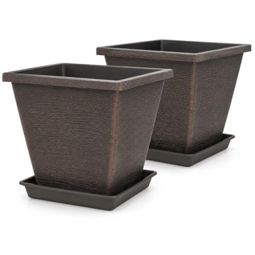 Pots de fleurs carrés de 25 cm avec soucoupes, couleur brun café, ensemble de 2, Brun café