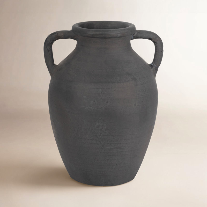 Vase en céramique fabriqué à la main à deux poignées, Noir, H 13 po x l 10 po x P 9 po