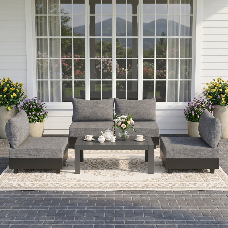 Modular 5-Piece Outdoor Patio Set, All-Aluminum Patio Furniture Sets with 6" Thicken Cushions, Weather-Resistant Patio Conversation Sets for Backyard, Deck, Garden