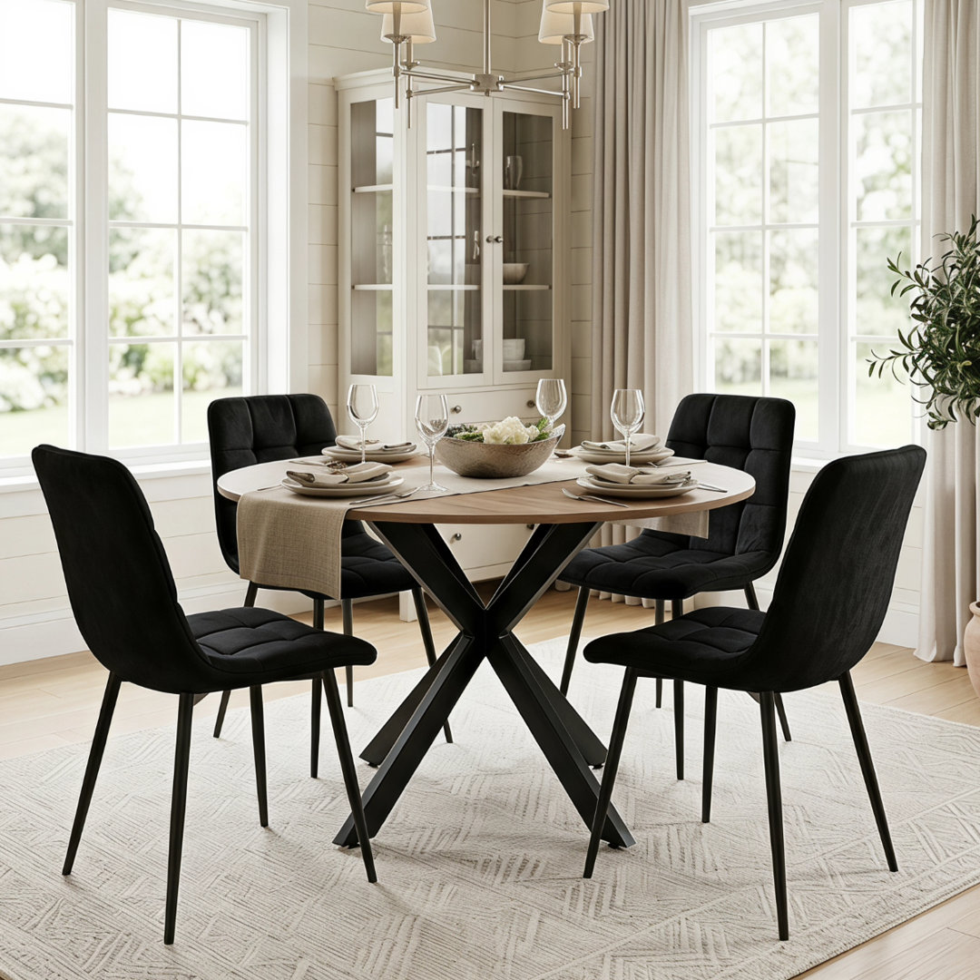 Kosy Koala - 4 Seater Round Dining Table Set - Wood Effect Tabletop - Black Metal X-Legs - 4 Black Velvet Chairs - Image 4