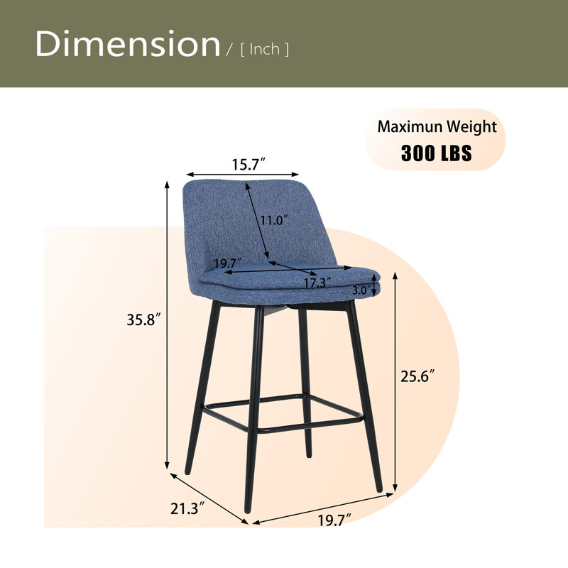 Counter Height Swivel Bar Stools Set Of 2, 360° Swivel Upholstered Barstools With Back And Metal Legs, Blue