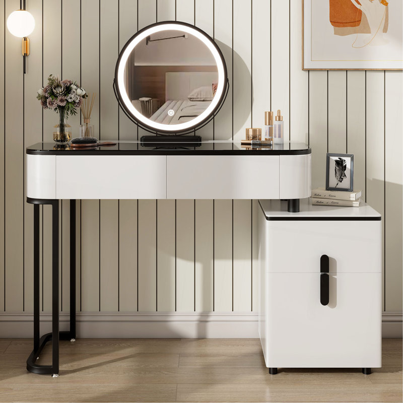 Modern Vanity Table With Glass Top, Adjustable Height Legs, Multi-Functional Storage Cabinet And Round Mirror, White And Black, 100Cm/39.37In Wide - Perfect For Bedroom, Dorm, Small Spaces.