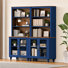 Bibliothèque à 5 niveaux avec 4 portes en verre et tablette réglable, bleu marine
