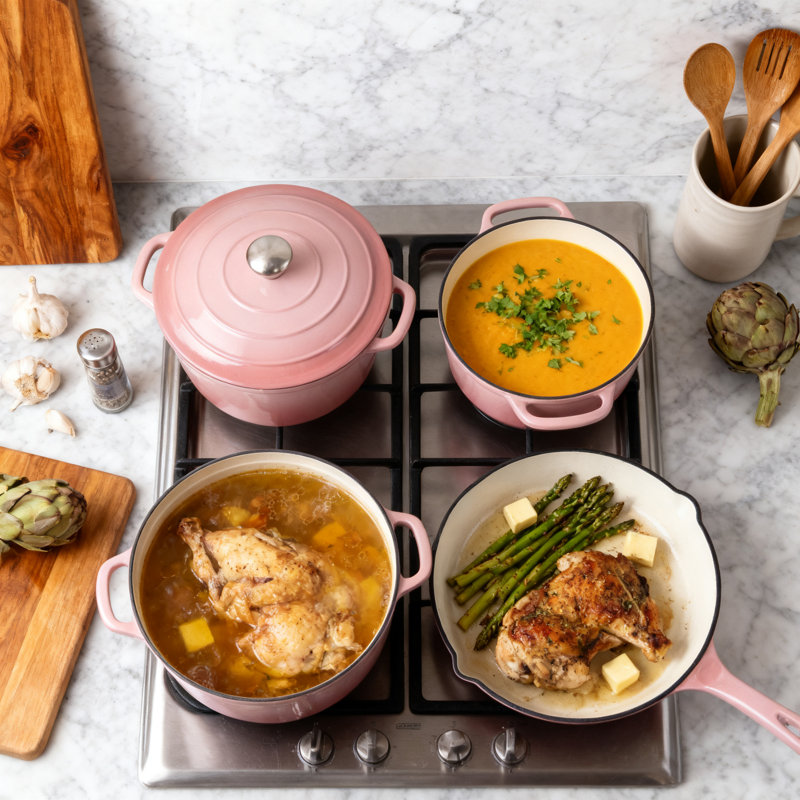 Batterie de cuisine en fonte émaillée 7 pièces 7 pièces, Rose