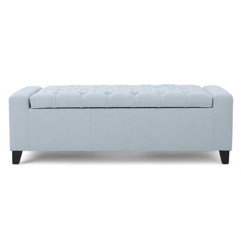Banc de rangement avec repose-pieds Liani, tissu bleu clair, dessus capitonné, 51 po
