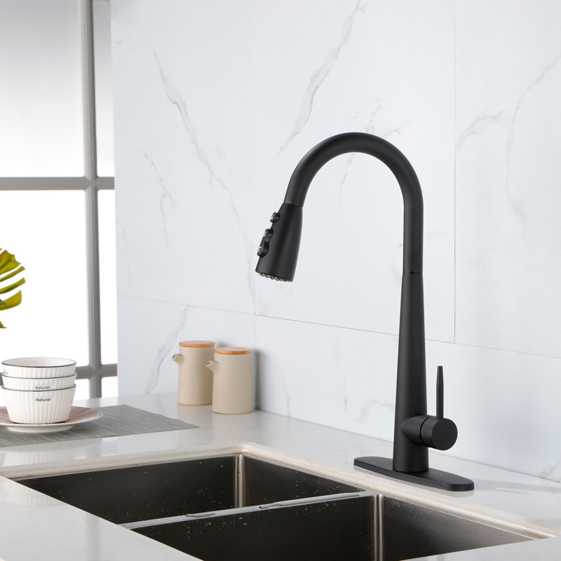 Black Kitchen Faucets With Pull Down Sprayer, Kitchen Sink Faucet With Pull Out Sprayer, Fingerprint Resistant, Single Hole Deck Mount, Single Handle Copper Kitchen Faucet, Matte Black