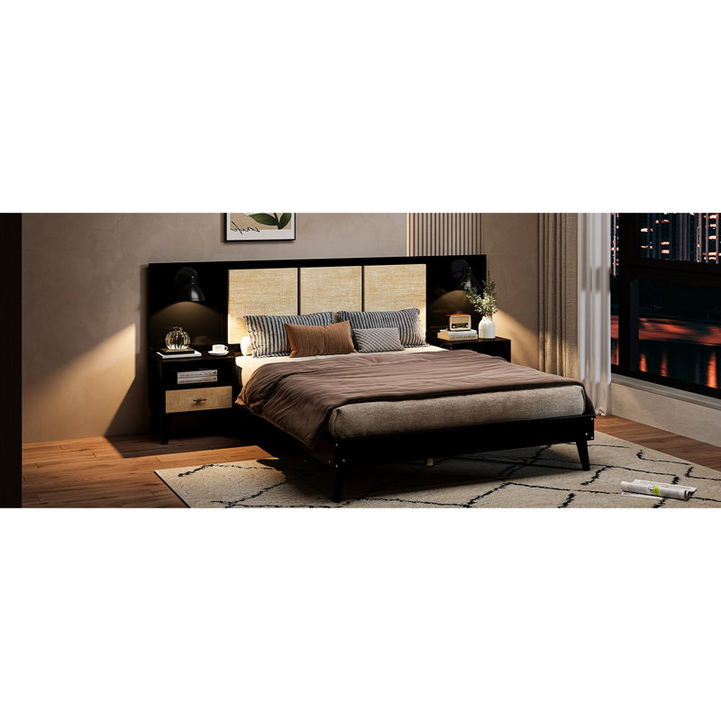Grand cadre de lit noir avec bois massif, 2 tables de chevet et lampes intégrées, noir pour une chambre à coucher moderne. Fabrication, pièce élégante