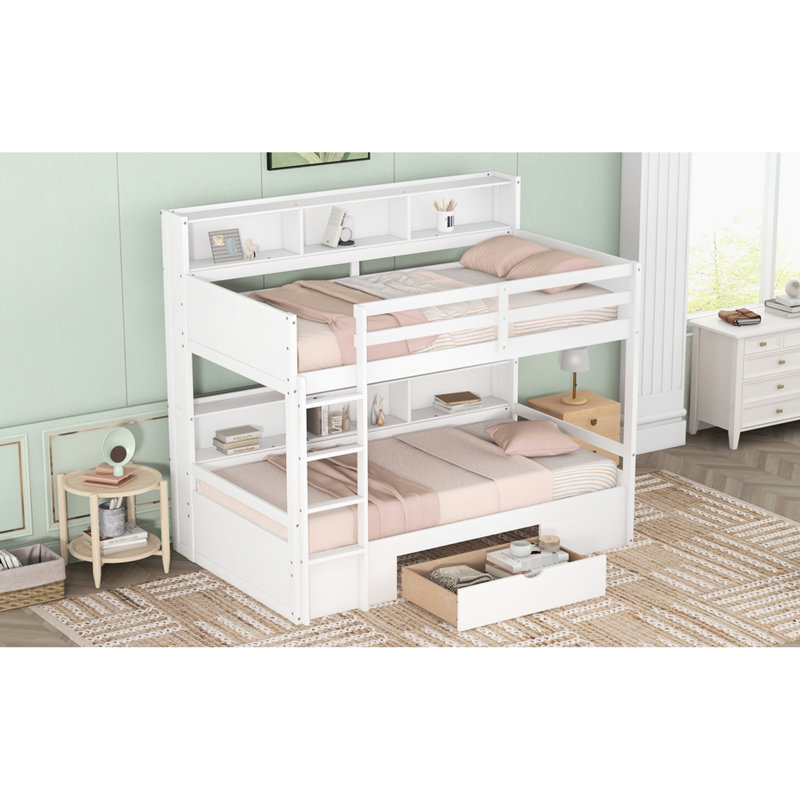 Lit superposé simple blanc avec tablettes intégrées et tiroir de rangement, bois de pin pour une étagère blanche, taille, lit, tablettes, bois, confortable