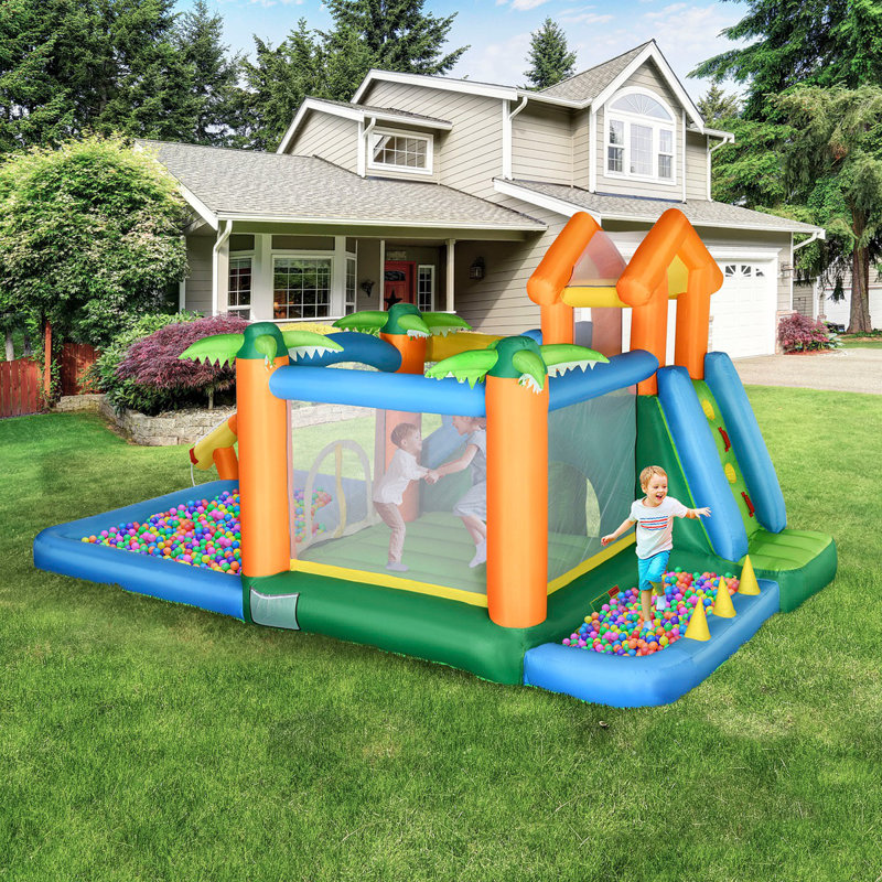 6-In-1 Tropical Inflatable Water Slide Summer Theme Jumping Castle Includes Floating Ball Slide Trampoline Pool Cannon Climbing Wall With Carry Bag, Repair Patches And 450W Air Blower