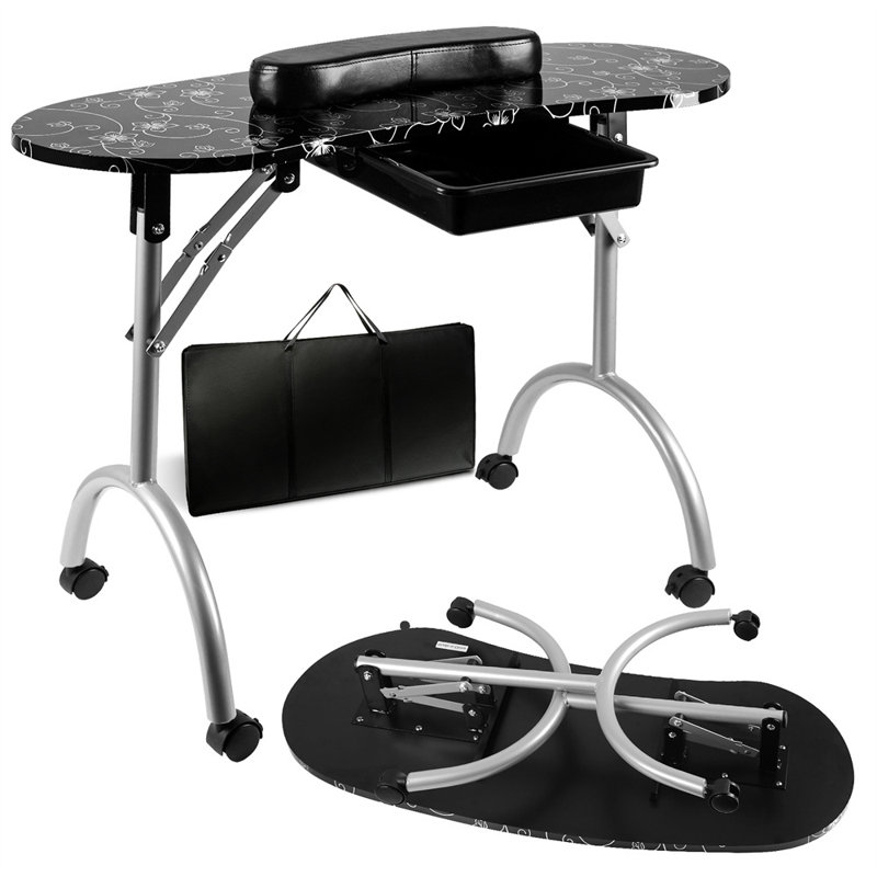 Foldable Nail Table with LED Light & Wheels