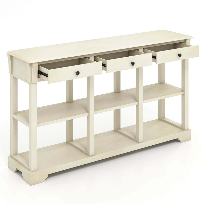  Table basse 58 po avec console de rangement rétro avec 3 tiroirs et tablettes ouvertes