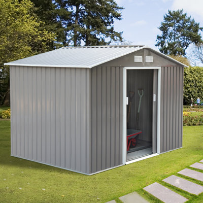 Outsunny 9' x 6' Outdoor Storage Shed, Garden Tool Metal Shed with Foundation Kit, Double Lockable Door, Air Vents and Sloping Roof, for Backyard, Patio, Lawn, Gray