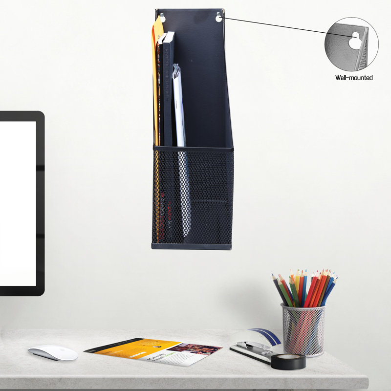 Black Steel Mesh Wall-Mount Magazine Holder and Desk Organizer