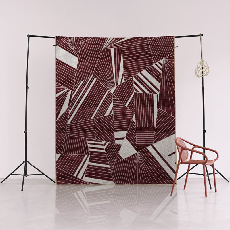 Tapis décoratif moderne à motif géométrique à motif abstrait bourgogne, Rectangle 4 pi 7 po x 6 pi 6 po