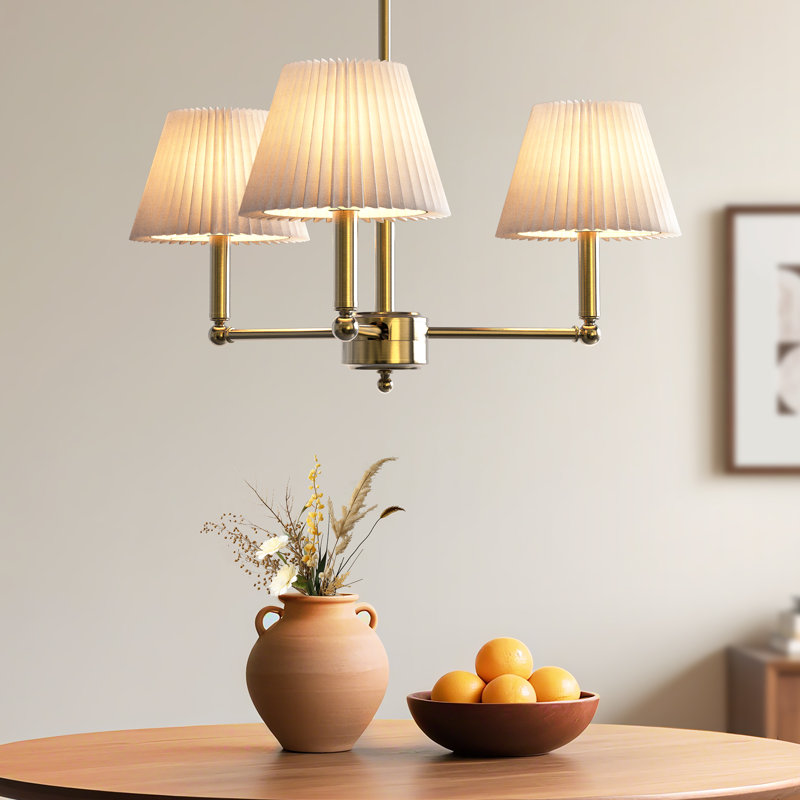 Costa 3-Light Mid-Century Modern Brass Chandelier with White Linen Fabric Shade for Dining Room(21.02'')., Brushed Brass
