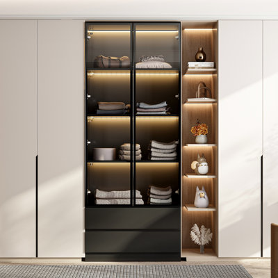 78.7"H Wardrobe With 2-Glass Doors,2-Drawer And LED Light by Latitude Run