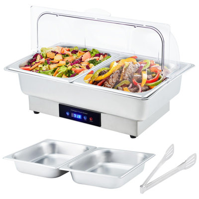Electric 9QT Buffet Server – Stainless Steel Food Warmer with Adjustable Temp & Roll-Top Clear Lid