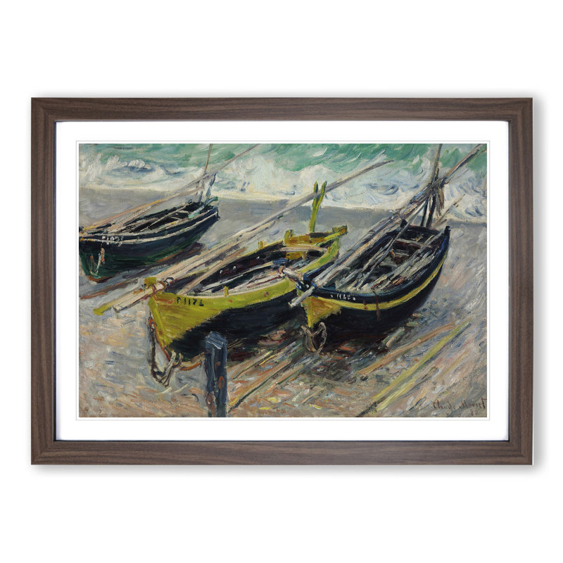 Three Fishing Boats by Claude Monet - Picture Frame Painting, 36cm H x 48cm W x 2cm D, Walnut