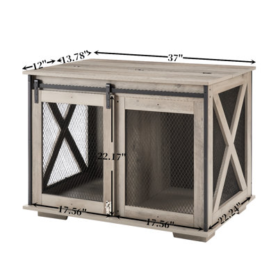 Wooden Dog Crate With Flip-Top Access And Side Compartment, Gray Chew- Cage Compartment Detachable Divider,