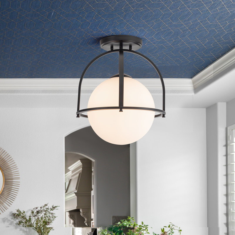 1 - Light Globe Semi Flush Mount, Matte Black, 15.28" H x 12.91" W x 12.91" D, White