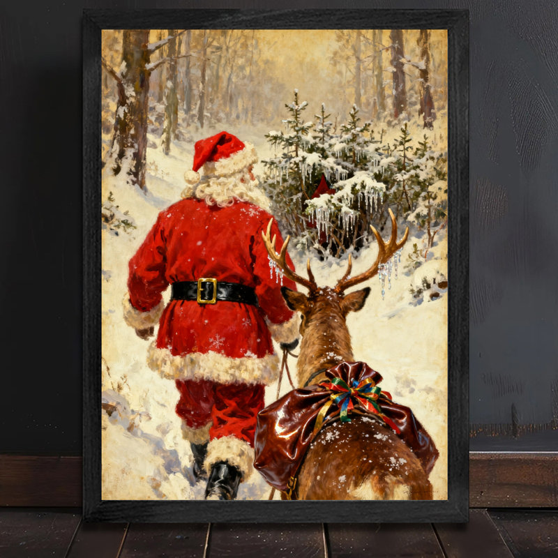 Père Noël rétro noir encadré avec art mural de style rétro, H 11 po x l 9 po