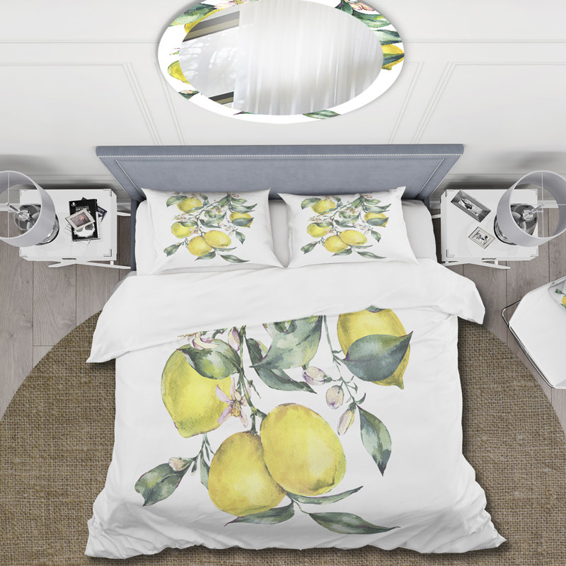 Branche de citrons jaunes et feuilles I - ensemble de housse de couette tropical - microfibre de polyester
