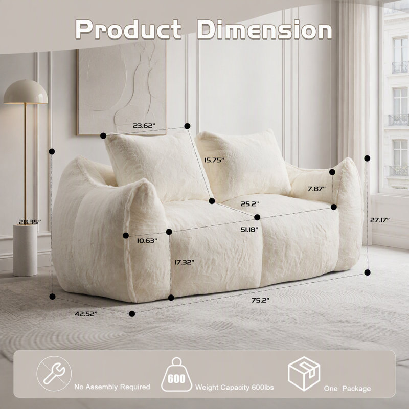 Canapé surdimensionné pour fauteuil à billes avec mousse à haute densité, sans assemblage, White Faux Fur