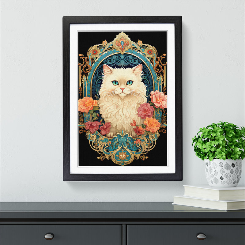 Persian Cat Nouveau 1 Piece Single Picture Frame Wall Art, 64cm H x 46cm W x 2cm D, Black Framed