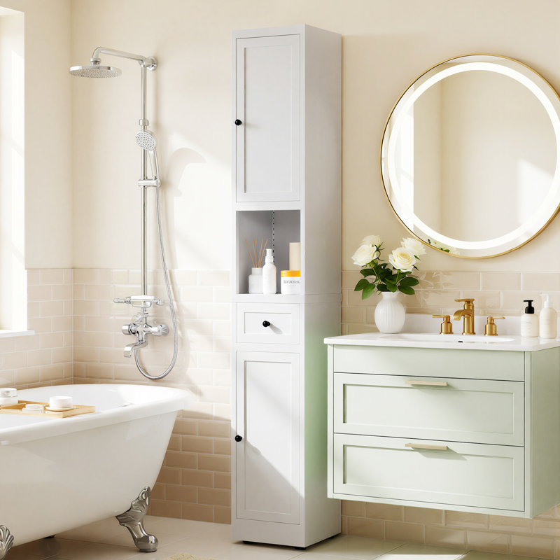 Armoire de rangement pour salle de bain H 70,86 "avec tablettes réglables autoportantes, Blanc