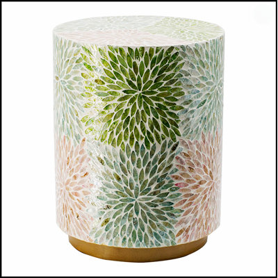 Tabouret cylindrique à base dorée Capiz - Accent perle vert / rose - Table d'appoint ronde, siège intérieur décoratif