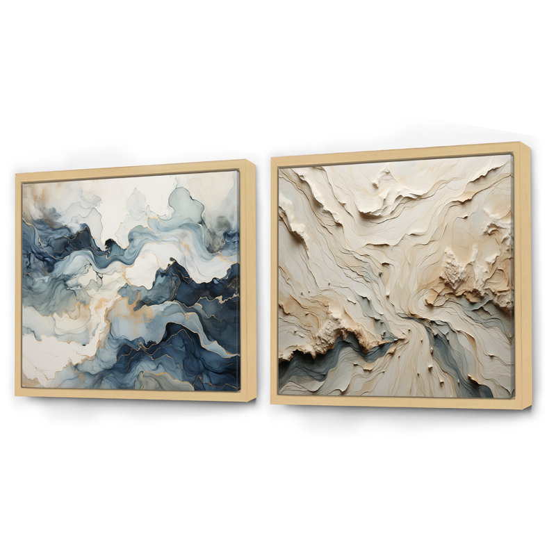 Minimalisme River Mountain Wonders - ensemble de 2 collages abstraits carrés, Cadre flottant brun, H 30 po x l 61 po