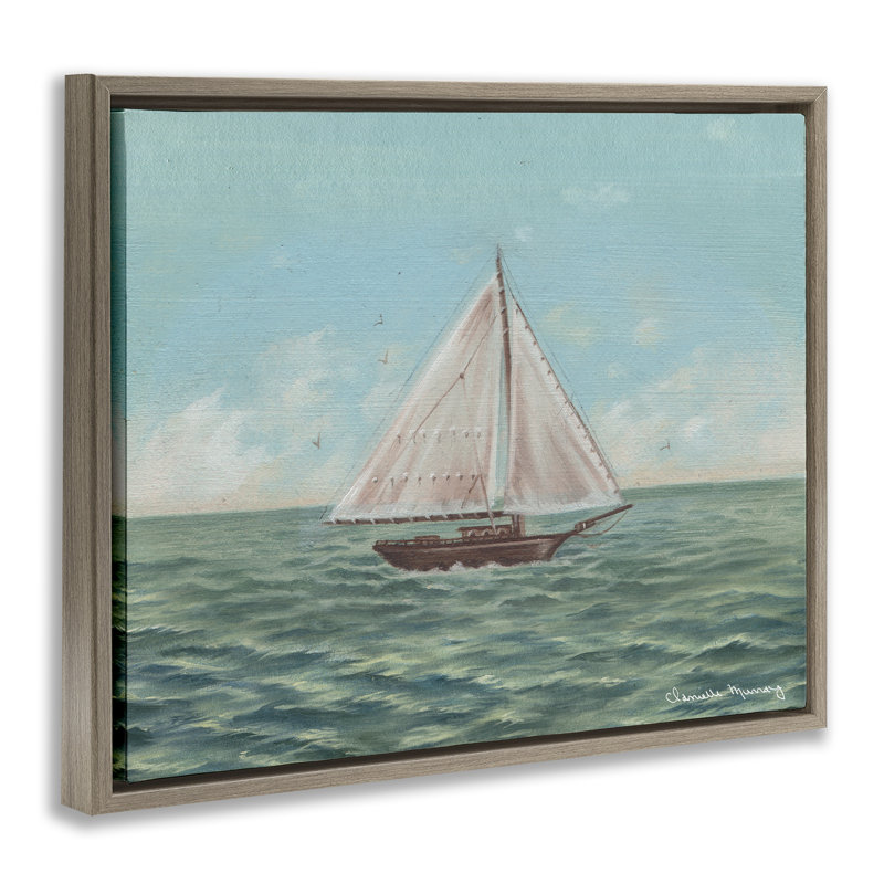 Art mural sur toile flottant vert avec voilier classique, design par Danielle Murray, Cadre flottant orme Montalcino
