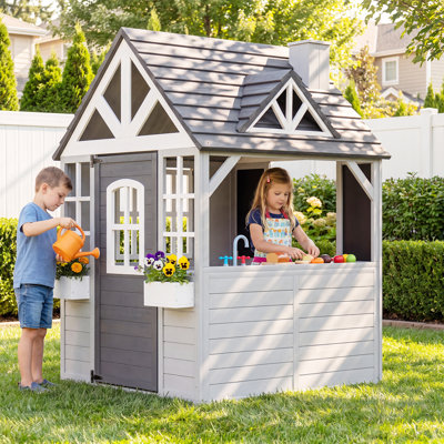 Solid Wood Outdoor Kids Playhouse, Outdoor Cottage Playhouse with Play Kitchen, Blackboard, Flower Boxes & Pet Door, Pretend Play House for Backyard, Garden