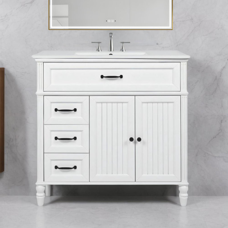 Meuble-lavabo 36 po avec plateau en céramique et panneau en bois aggloméré, Noir, noir, noir, noir, Blanc