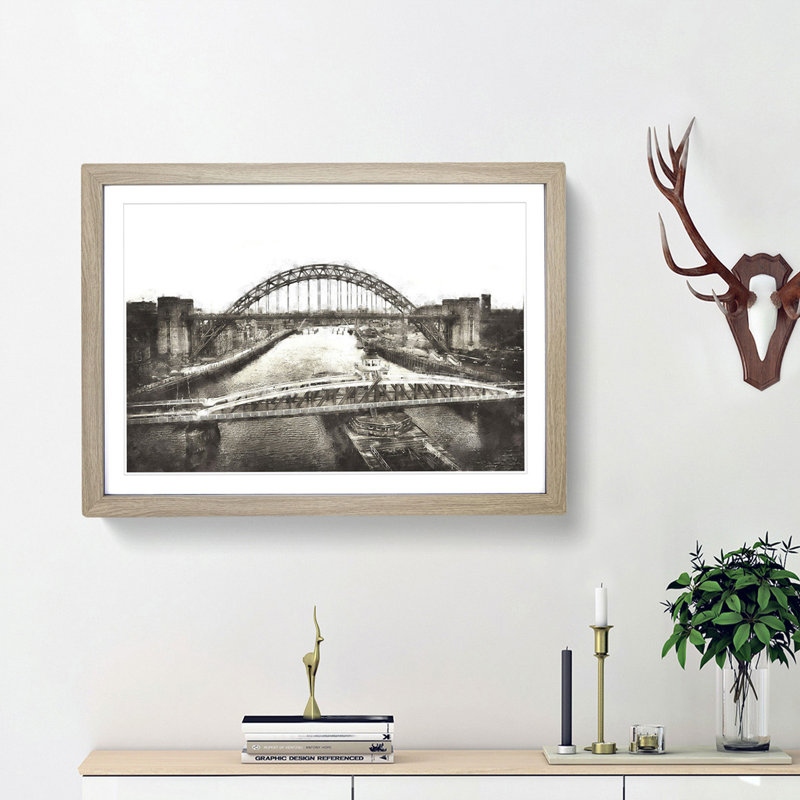 Tyne Bridge Linking Newcastle - Picture Frame Painting Print, 33cm H x 45cm W x 2cm D, Oak Framed