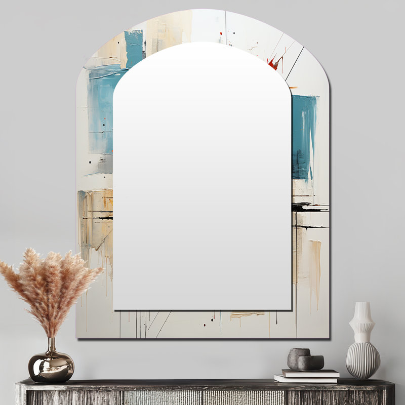 Teal Orange Bold Flow Collage - Dams Asymmetrical Large Wall Mirror, Modern Arch Unique Mirror, Printed Metal Art, 43" x 33"